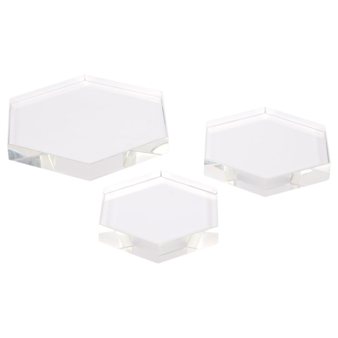 Set of 3 clear hexagonal crystal display risers with faceted sides