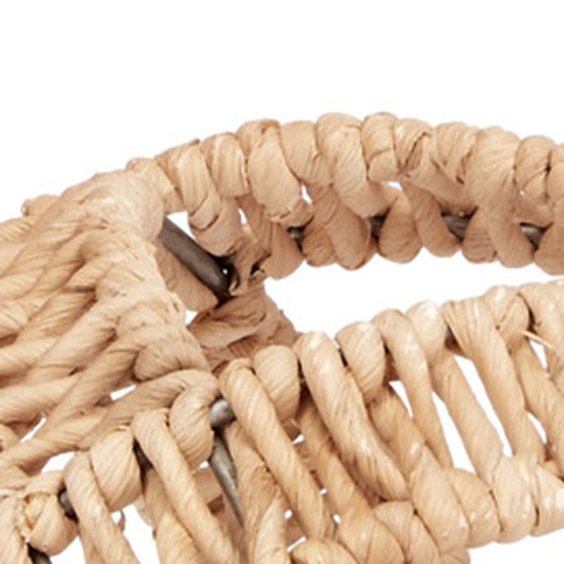 Rope-wrapped decorative orb with woven natural fibers and metal loop detail