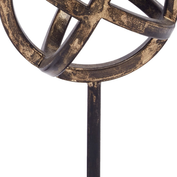 Decorative metal finial with curved arc and vertical post, antiqued bronze finish
