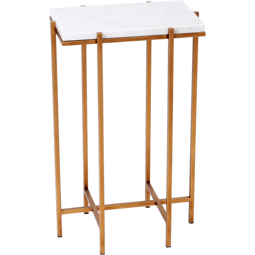 Rectangular marble accent table with white top and gold metal frame, open sides.