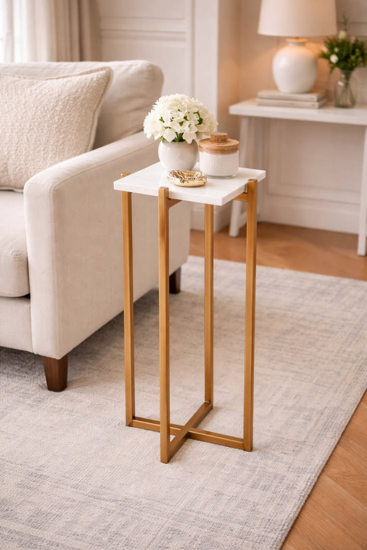 Larsen Gold Accent Table with White Marble Top