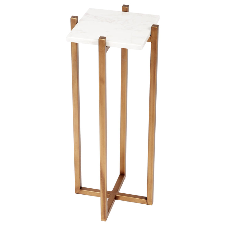 Elegant Larsen gold accent table featuring a white marble top, perfect for living rooms, bedrooms, or entryways.