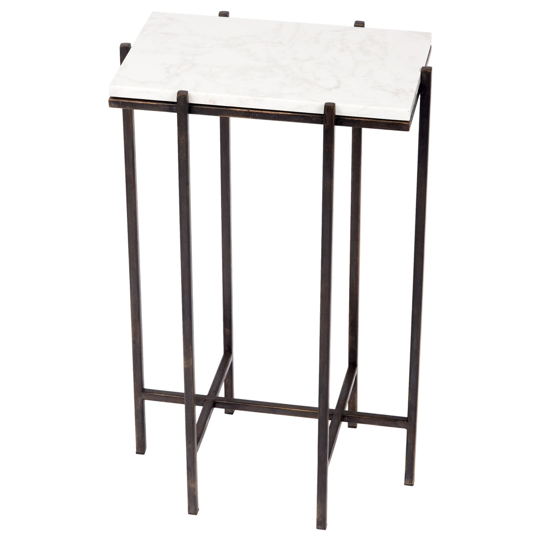 Elegant Burch dark bronze accent table featuring a white marble top, perfect for living rooms, bedrooms, or entryways.