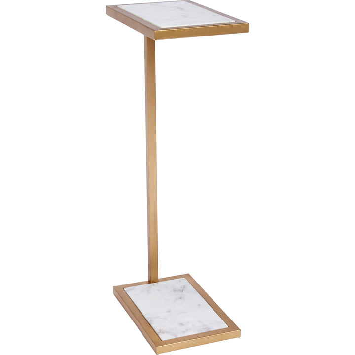 Gold and white marble martini side table with square top and slim pedestal base