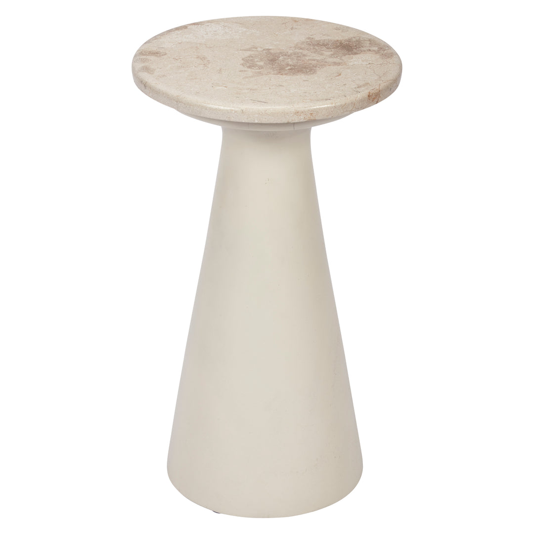 Modern white accent table featuring a polished stone top and sleek base, ideal for living rooms, bedrooms, and contemporary interiors.