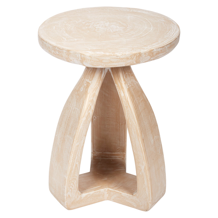 Avalon white pine mungar wood accent table featuring a smooth round top, natural grain finish, and modern carved base for stylish living room decor.