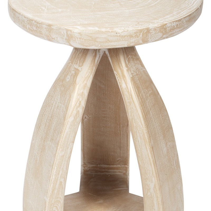 Round accent table with open pedestal legs in light distressed wood finish