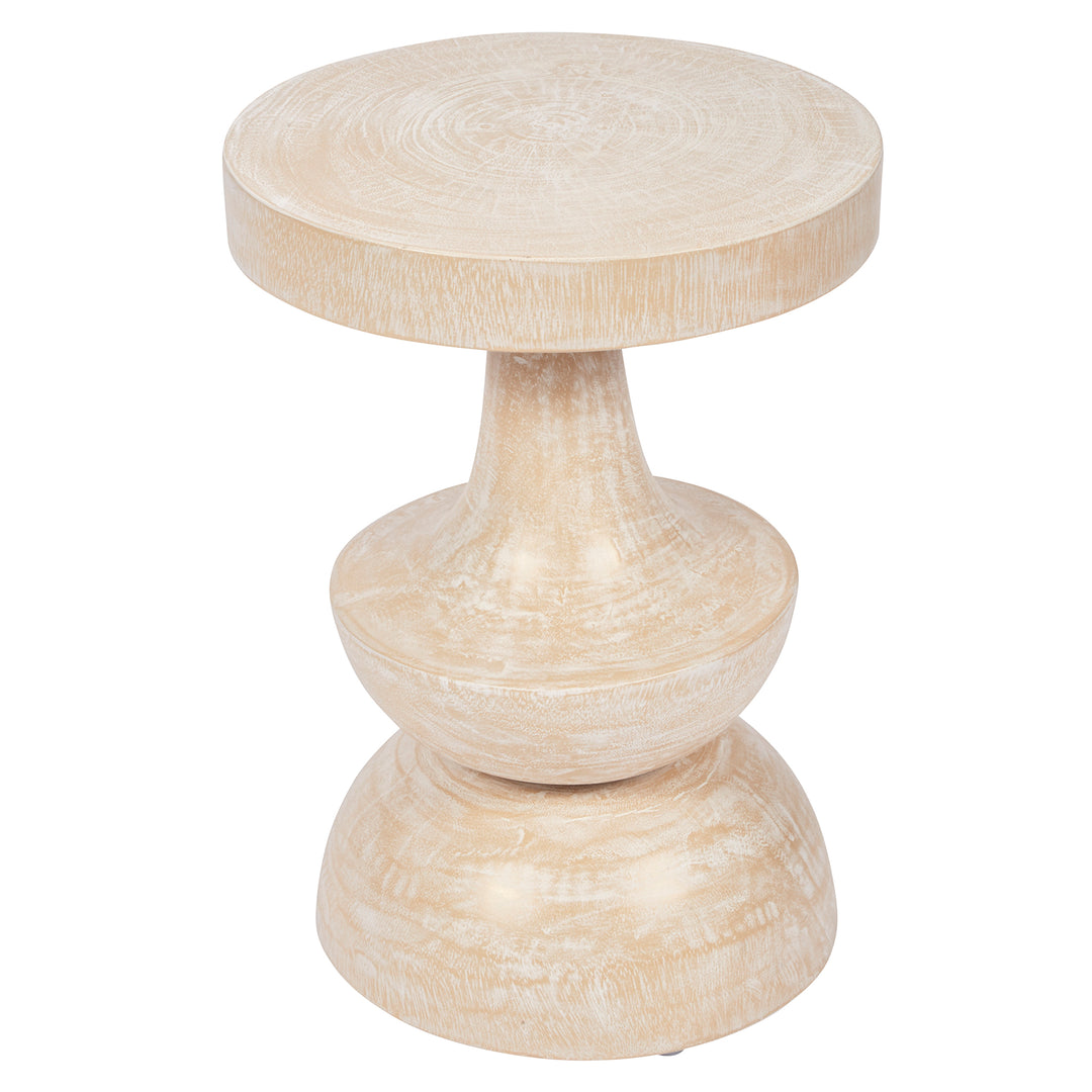 Handcrafted Cambria white pine mungar wood accent table with natural grain texture, rounded modern design, and smooth flat top for living room decor.