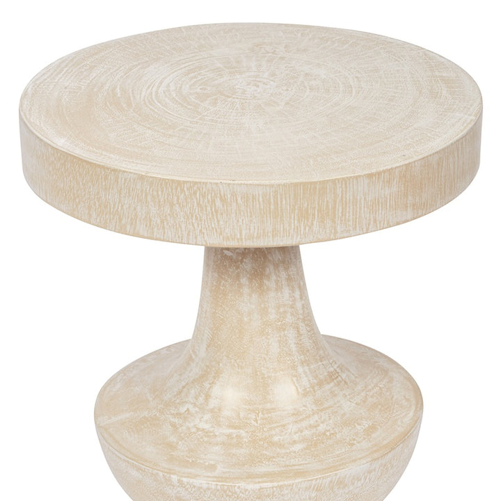 Round beige wood accent table with circular top and hourglass pedestal base