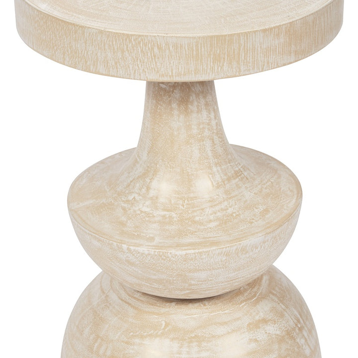 Round beige wood accent table with circular top and tapered pedestal base