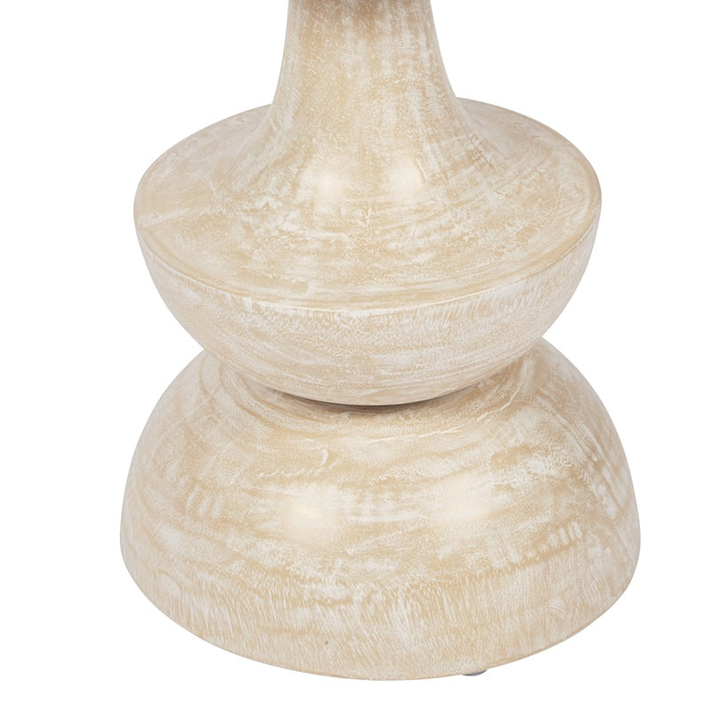 Round beige wood accent table with drum top and stacked hourglass pedestal base
