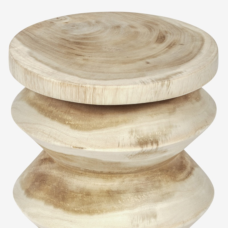 Natural unfinished round mungar wood accent table with turned pedestal base
