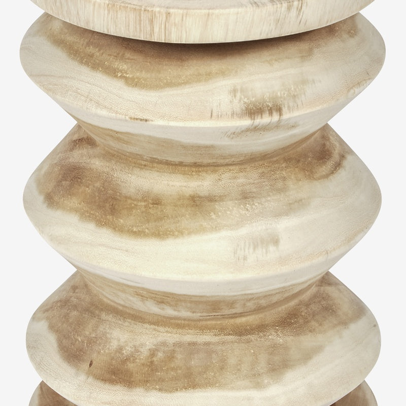 Natural unfinished mungar wood accent table with round top and tiered turned base