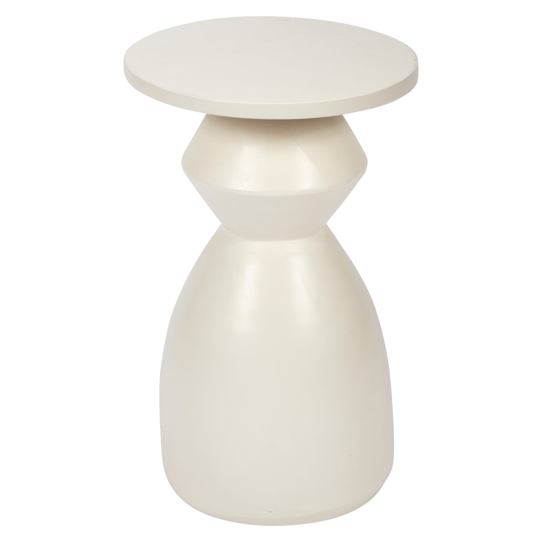 Modern white geometric side table with round top and tapered base