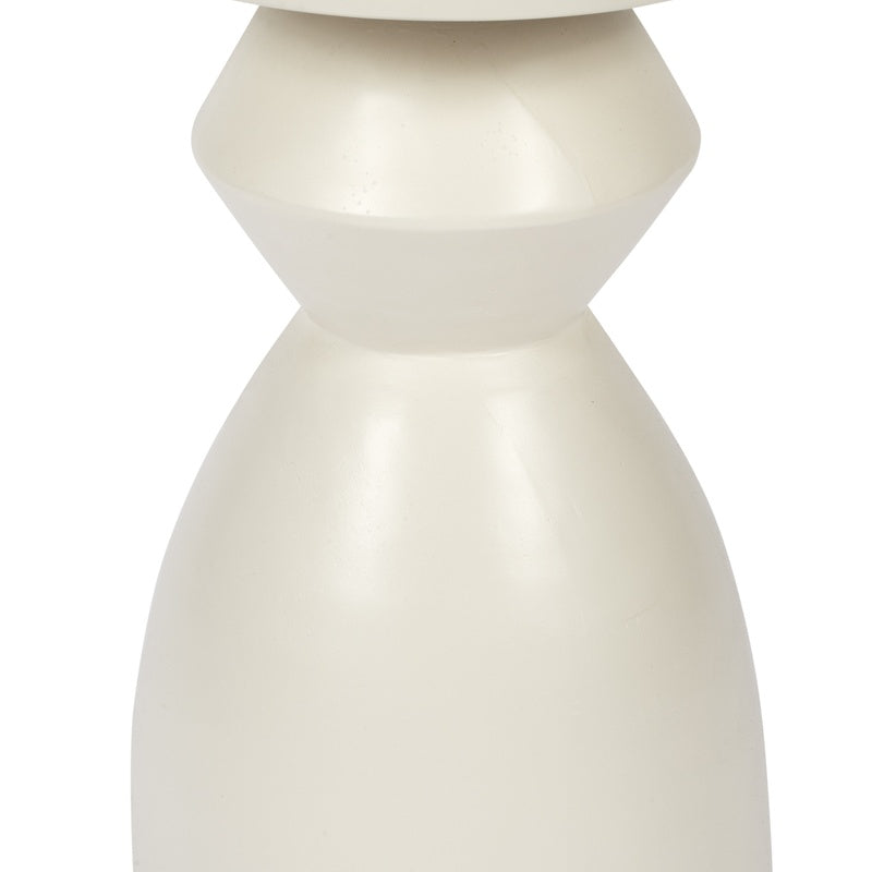 White pedestal accent table with sculpted column base underside