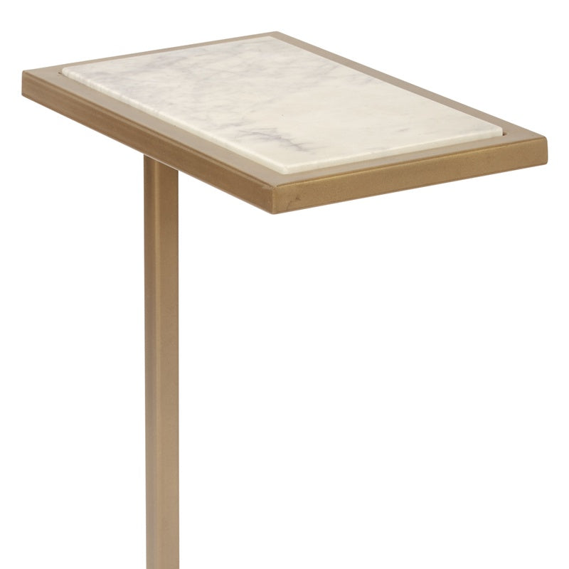 Small martini table with white marble top and gold metal base, rectangular tray