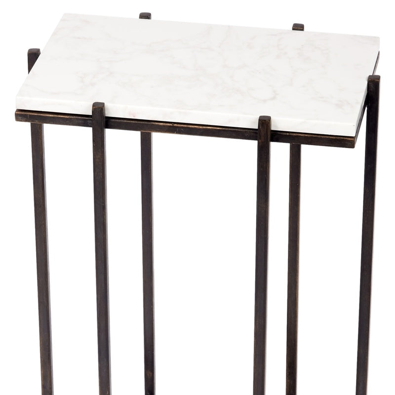 Dark bronze accent table with white marble top and slender square legs