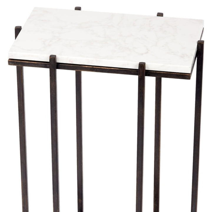 Dark bronze accent table with white marble top and slender square legs