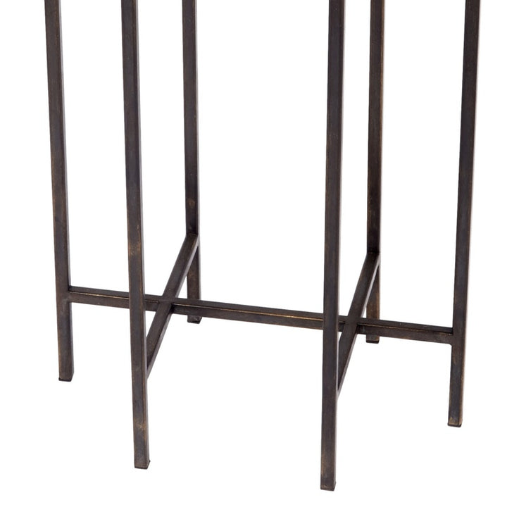 Dark bronze side table frame with white marble top and reinforced stretcher