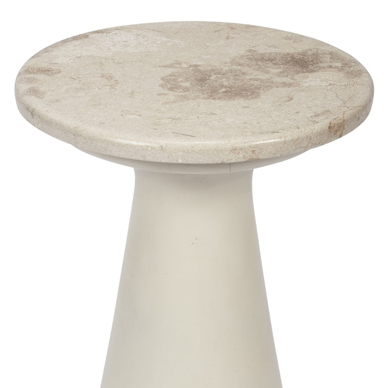 White accent side table with round stone top and beige pedestal base