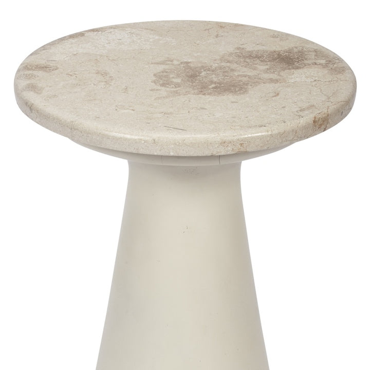 White accent side table with round stone top and beige pedestal base
