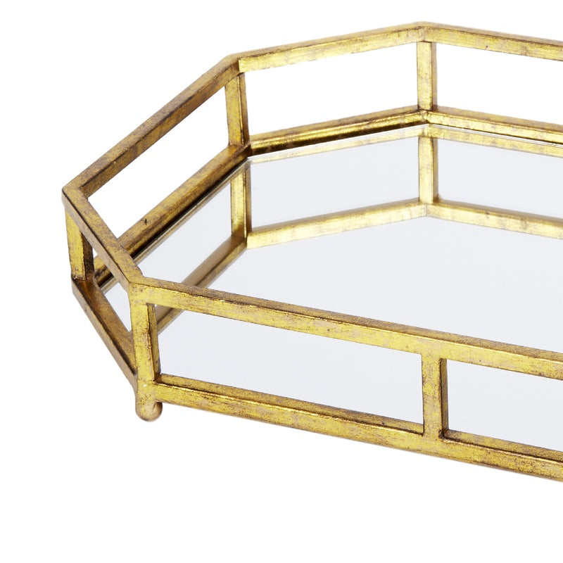 Gold mirrored tray with open metal lattice sides and raised handles