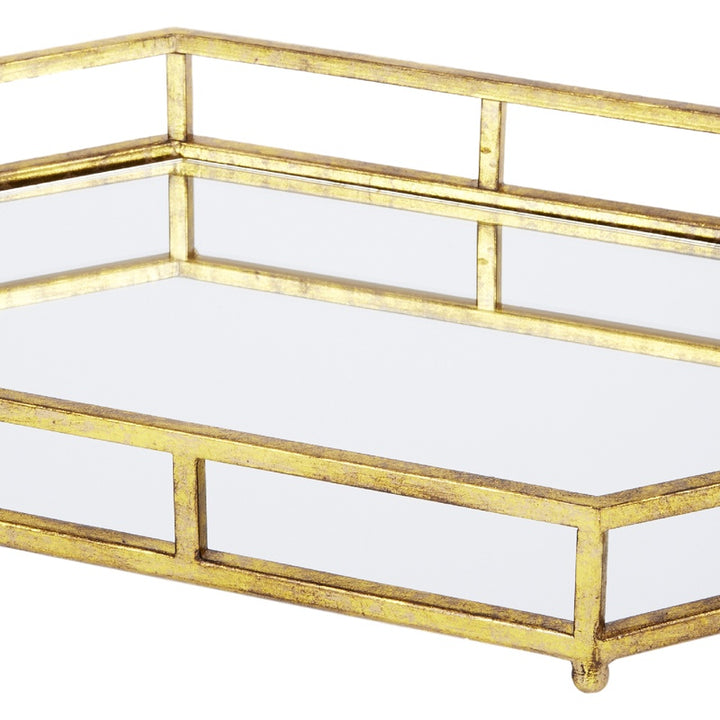 Gold mirrored tray rim with rectangular glass panels and vertical metal bars