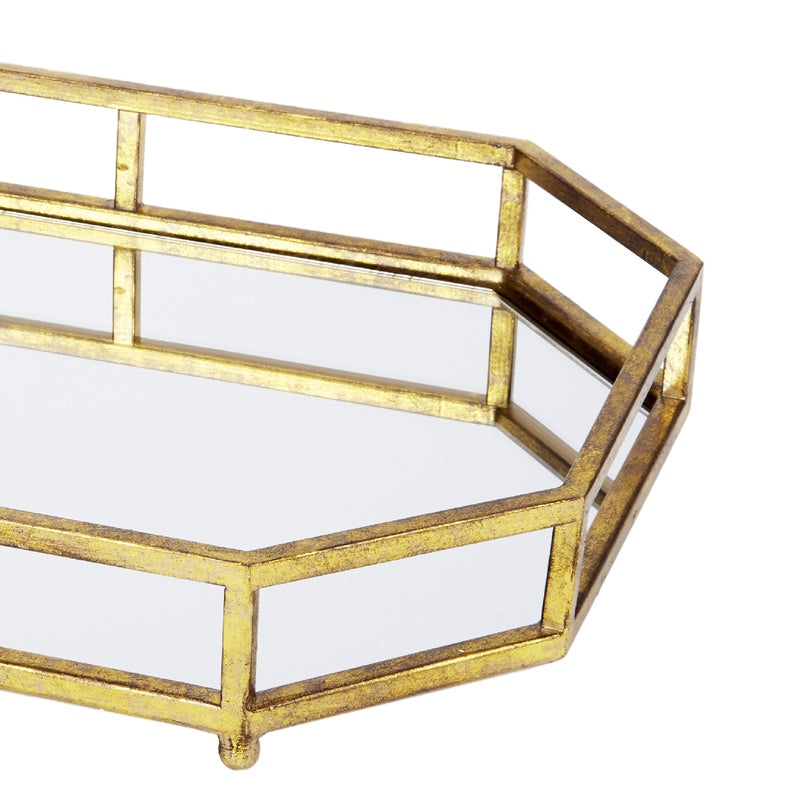 Gold mirrored serving tray with hexagonal corners and open lattice side frame