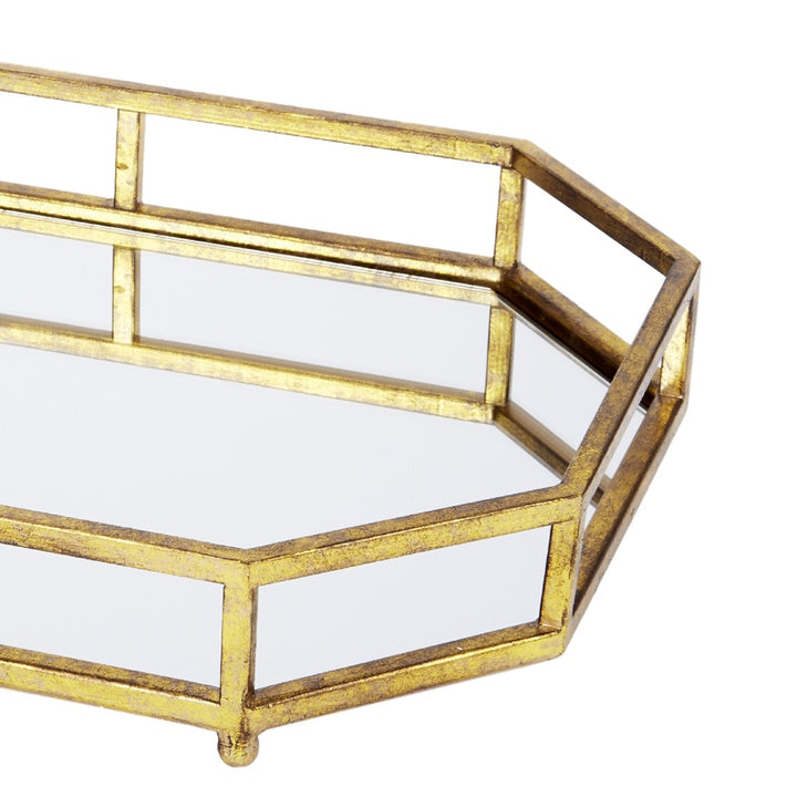 Gold mirrored serving tray with hexagonal corners and open lattice side frame