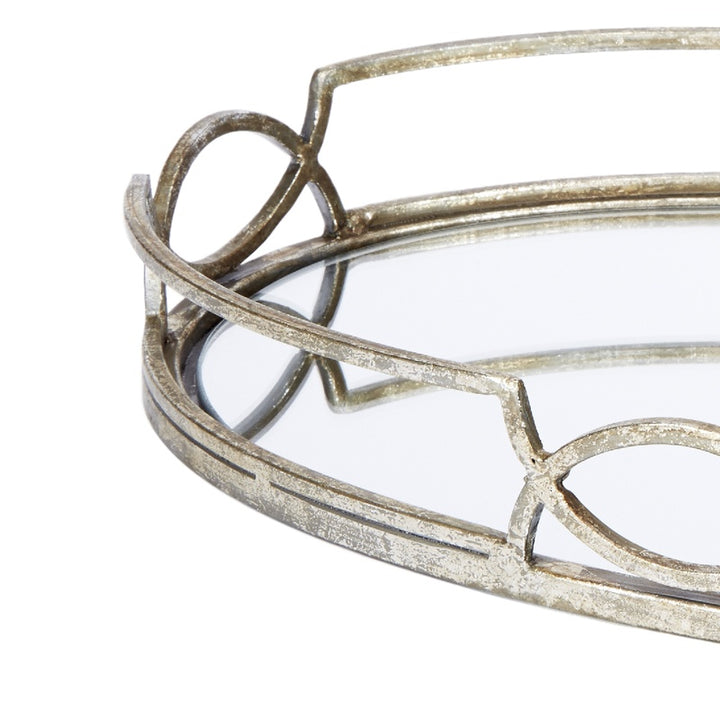 Silver mirrored oval tray with metal lattice handle detail