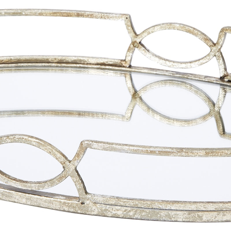 Silver mirrored oval tray with two oval cutouts on metal frame