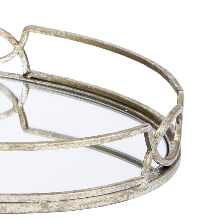 Silver mirrored oval tray edge and looped metal handle ring