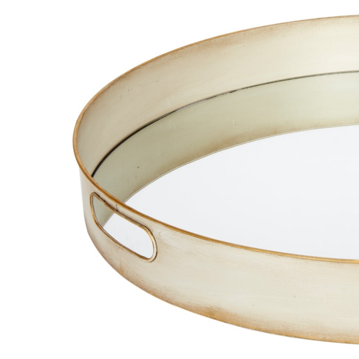 Metal tray with off-white washed finish and brushed gold rim, small loop handles