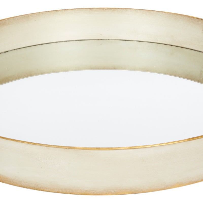 Round metal tray with off-white washed surface and thin brushed gold outer rim