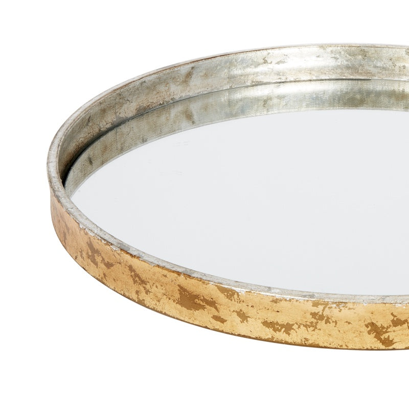 Round mirrored metal tray with distressed silver rim and gold outer edge