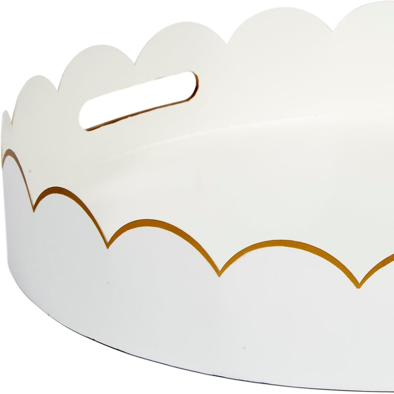 White scalloped metal tray with gold arched handles