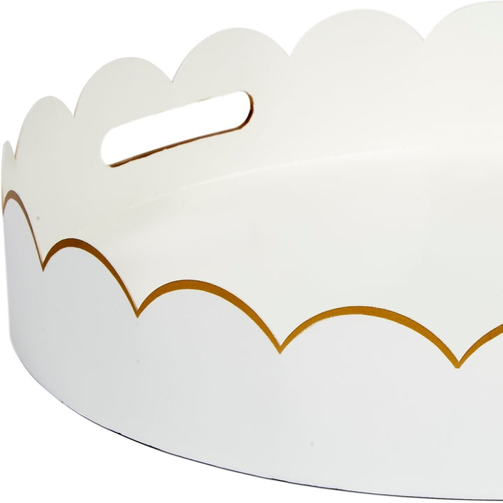 White scalloped metal tray with gold arched handles
