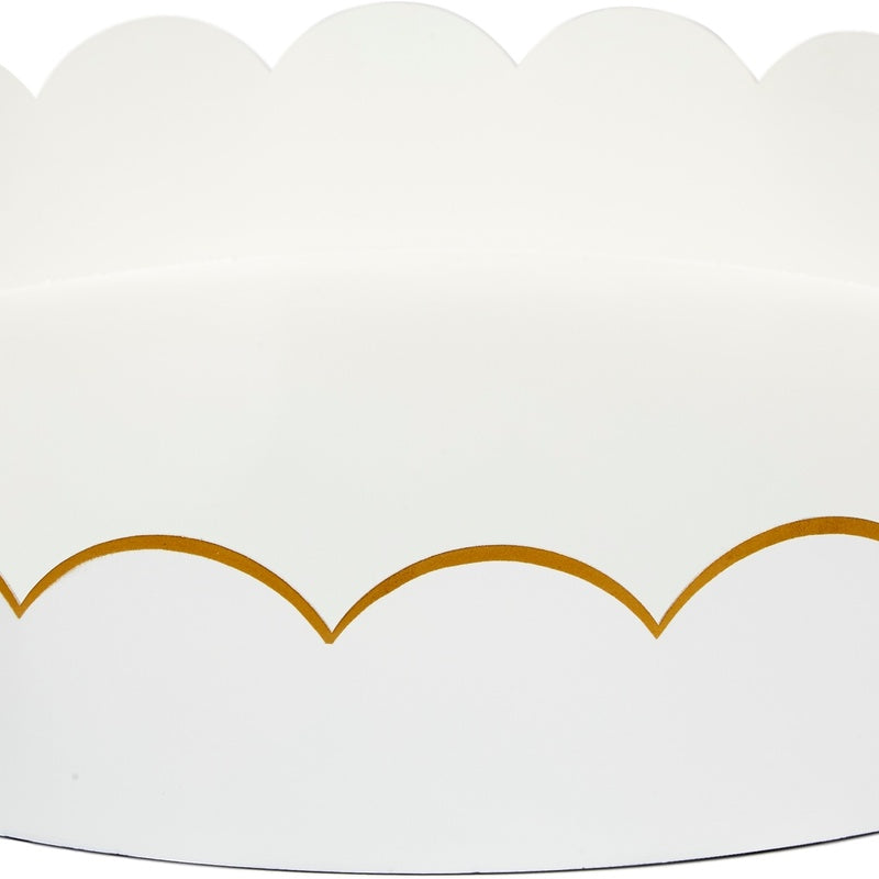 White glossy scalloped metal tray with gold scallop trim