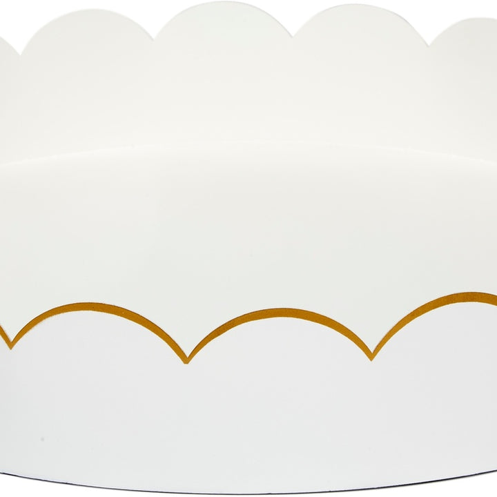 White glossy scalloped metal tray with gold scallop trim
