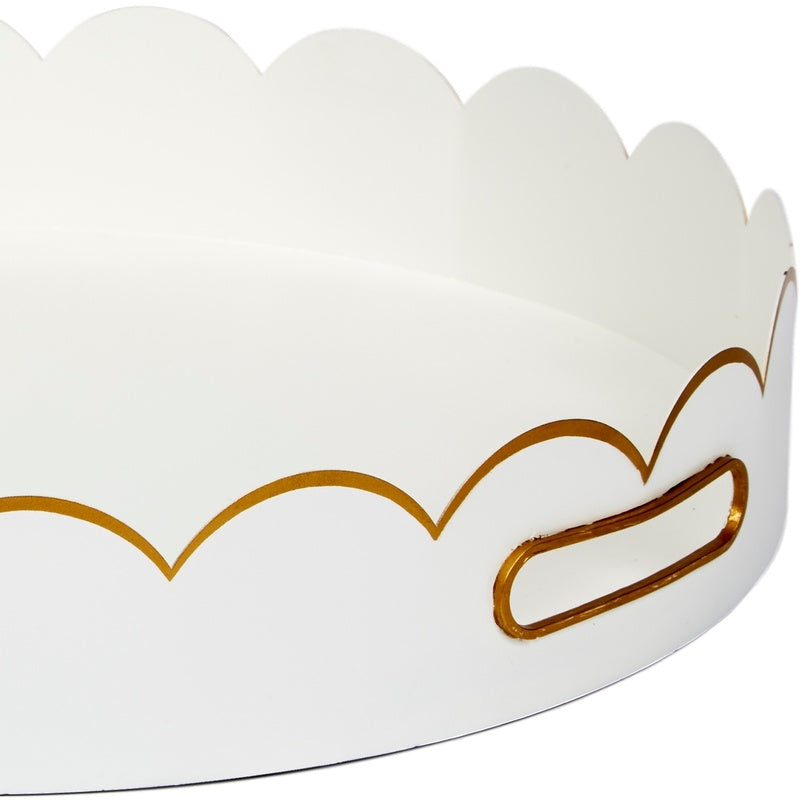 White metal scalloped tray with gold-trim arched side handle