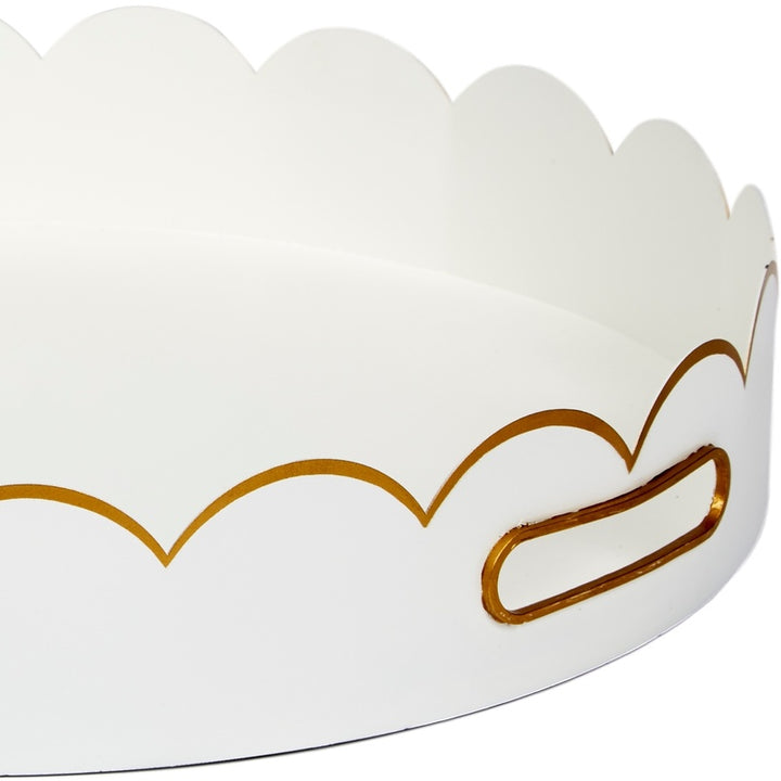 White metal scalloped tray with gold-trim arched side handle