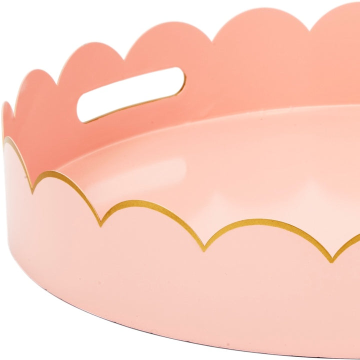 Blush scalloped metal tray with gold edging and cutout handle