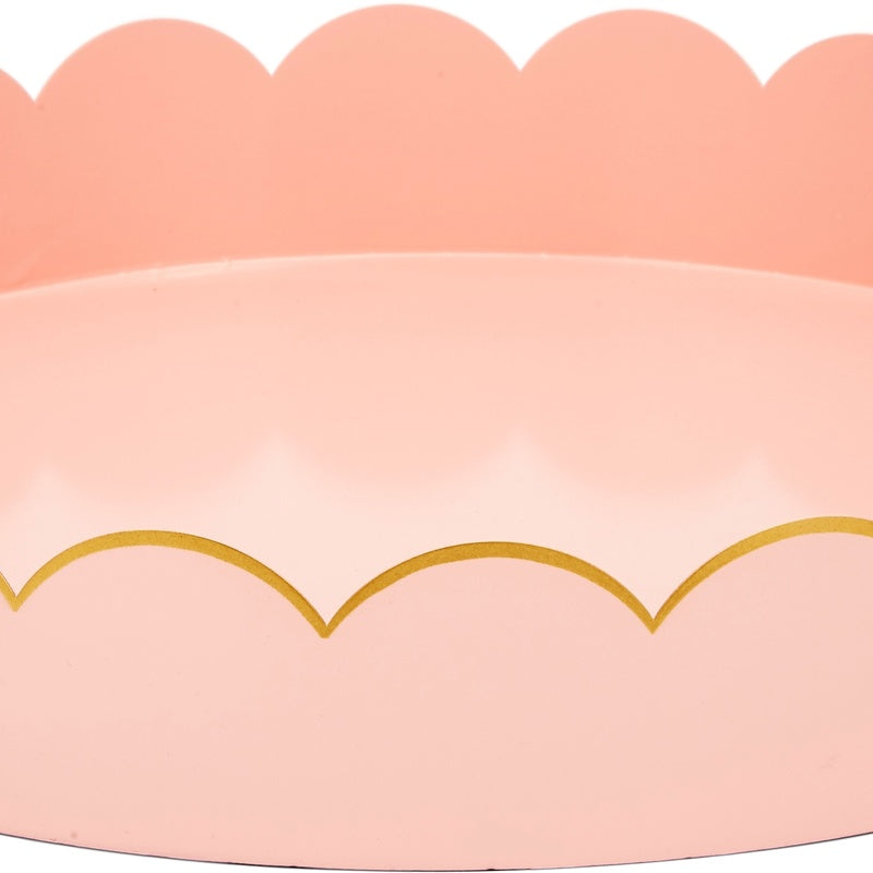 Blush metal tray interior with scalloped rim and gold trim