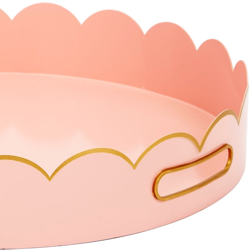 Blush scalloped metal tray with gold-edged carrying handle