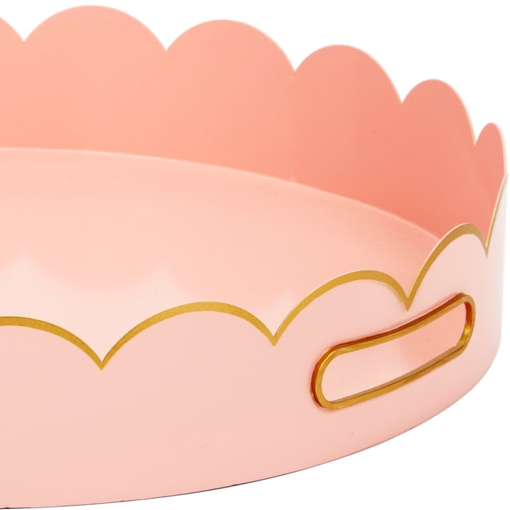 Blush scalloped metal tray with gold-edged carrying handle
