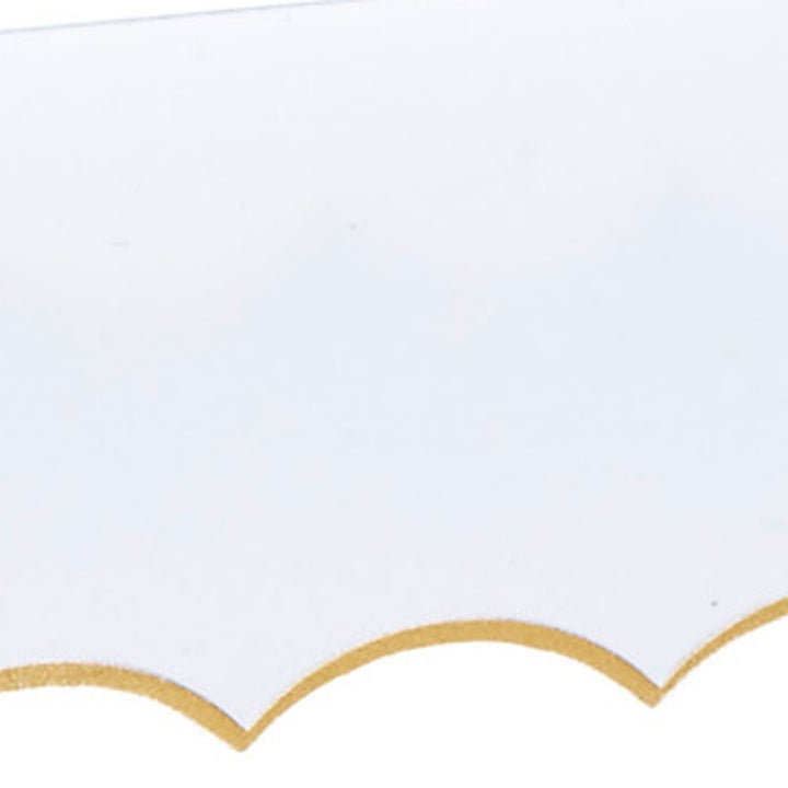 White rectangular metal tray with gold scalloped edge trim