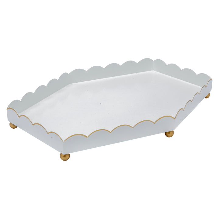 Six-sided glossy white metal tray with gold scalloped edges and corner feet