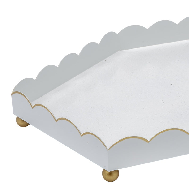 Glossy white six-sided metal tray with gold scalloped rim and corner trim