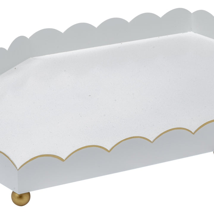 Glossy white metal tray with gold scalloped border around inner edge