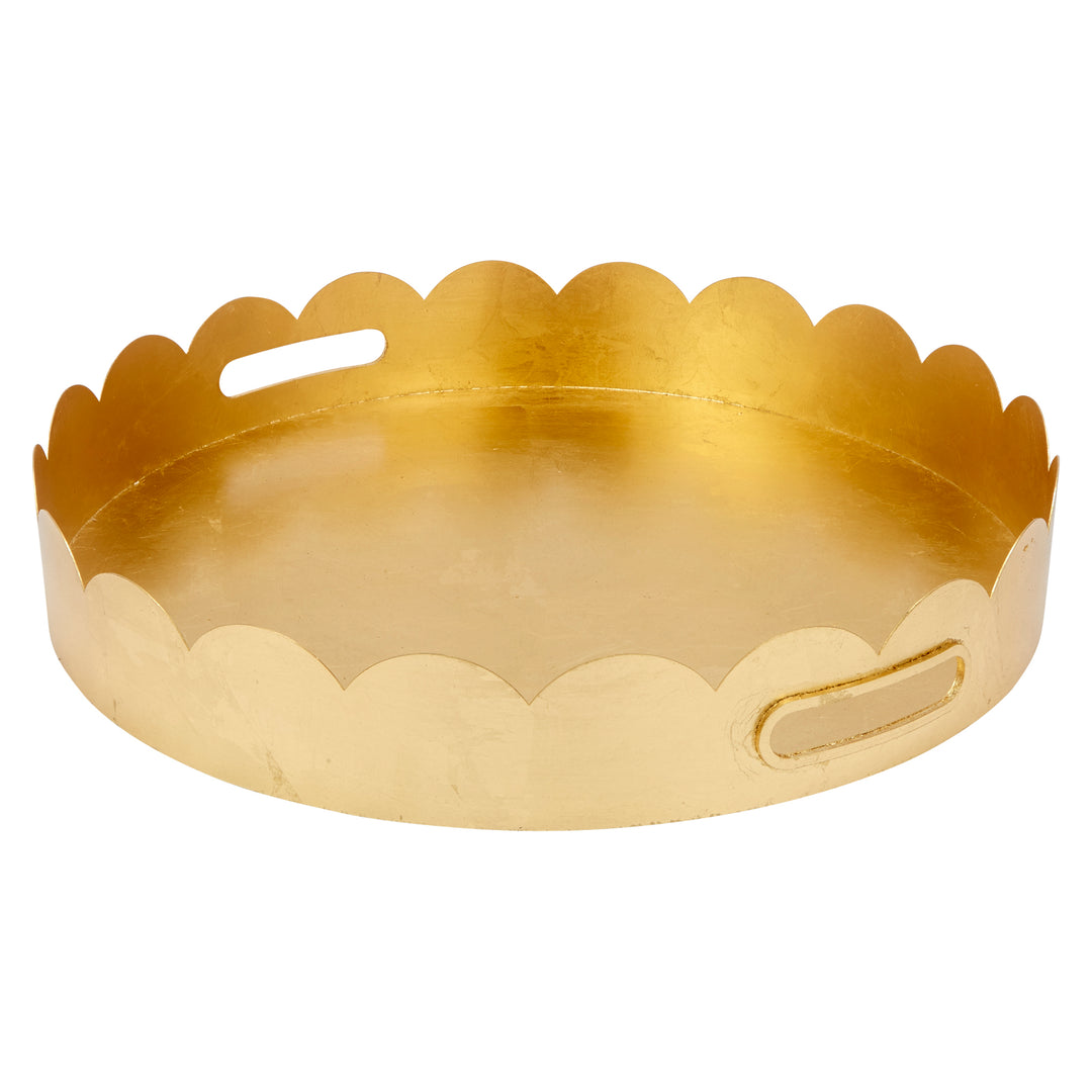 Gold leaf decorative tray with scalloped edge.